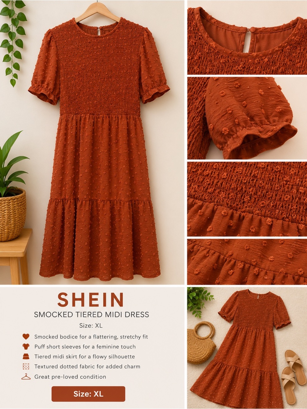 SHEIN Rust Textured Smocked Tiered Midi Dress